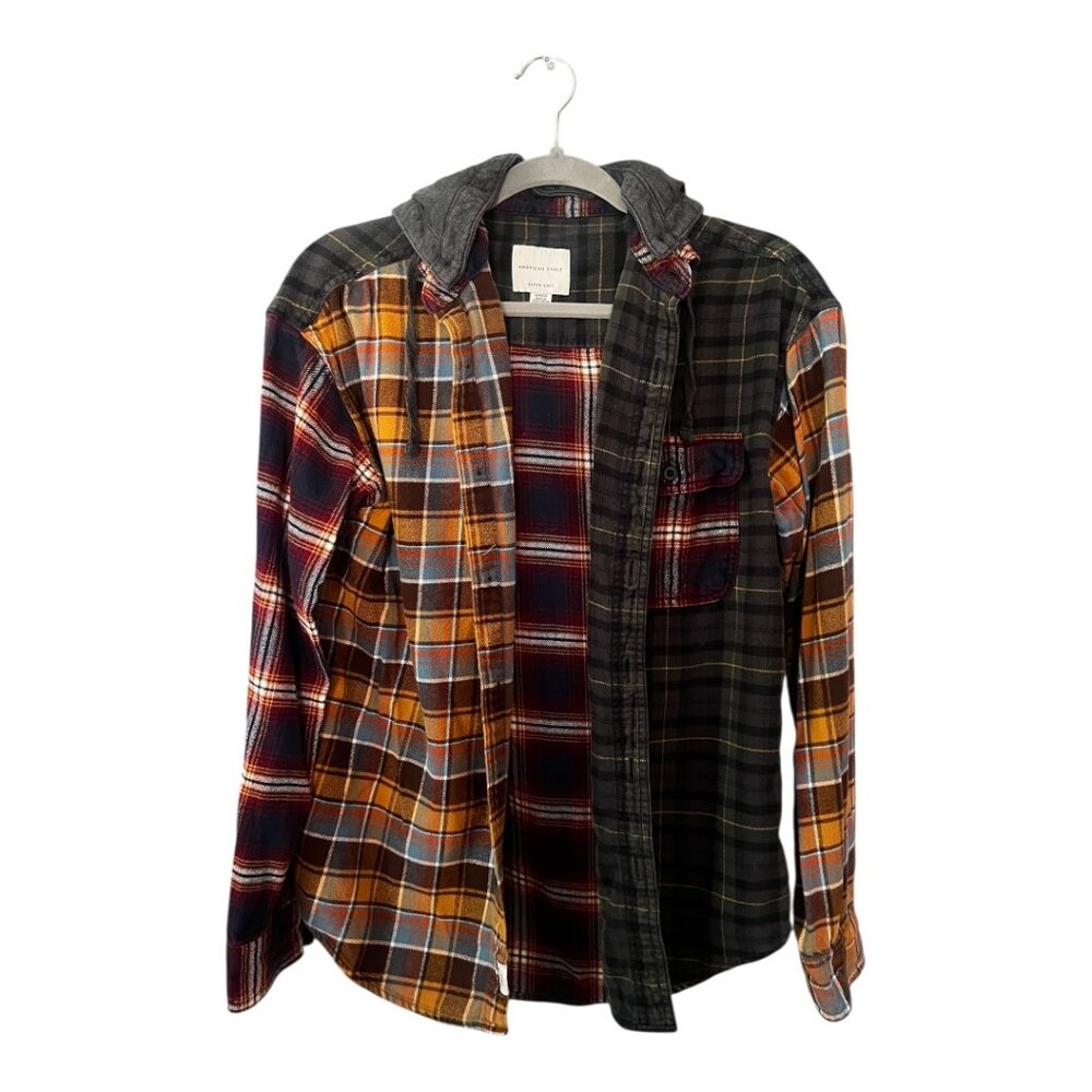 American Eagle Super Soft Plaid Flannel Shirt Hoodie Patchwork Men’s Small